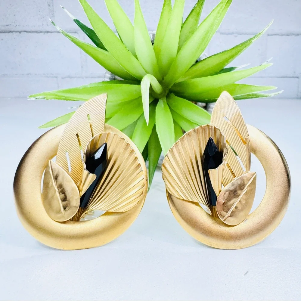 Vintage 80s Art Deco Satin Gold Tone Black Crystal Abstract Leaf Clip Earrings